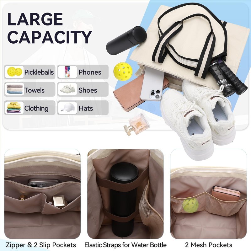 VASCHY Pickleball Tote Bags For Women With Fence Hook, Canvas Pickleball Paddle Holder Case Work/Gym/Sports Tote for 2 Rackets Beige