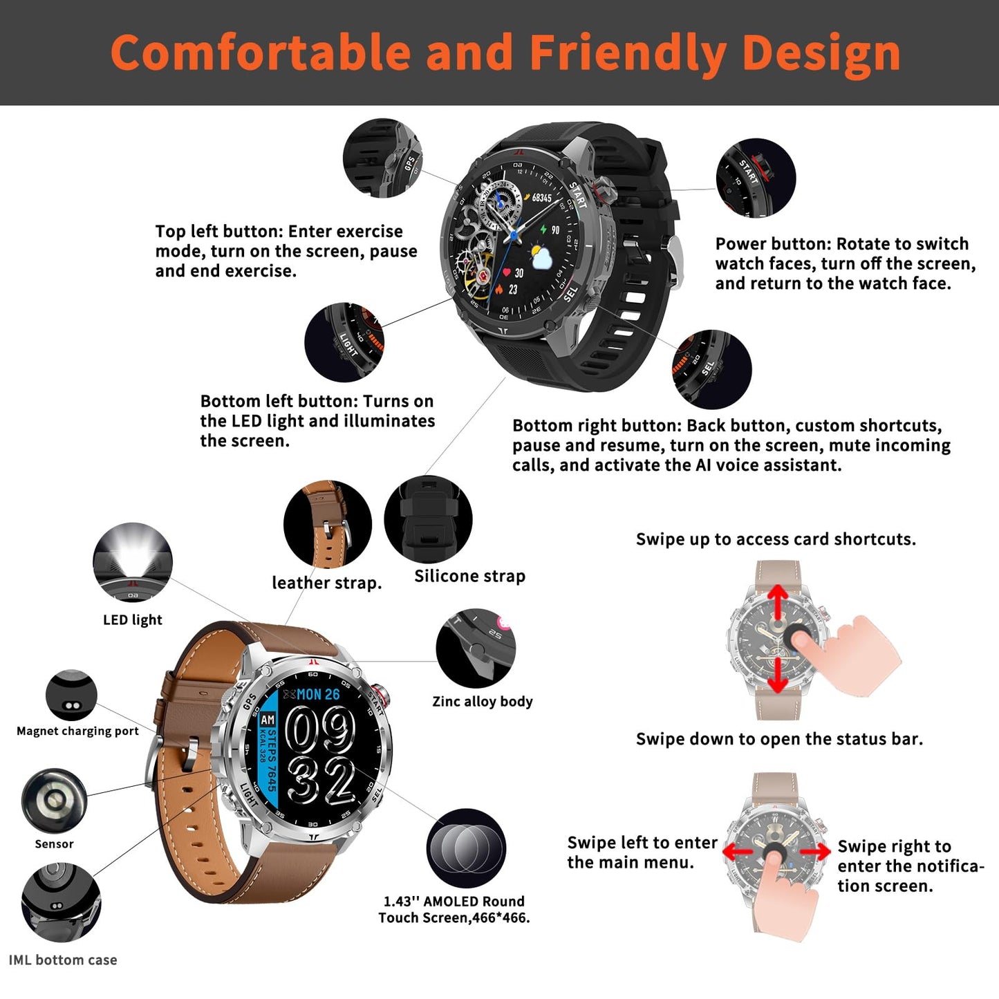 CHILEAF Smart Watch for Men Women, Bluetooth Call, 1.43 Inch Touchscreen Fitness Tracker with Heart Rate, SpO2, Sleep Monitoring, Sports Smartwatch with GPS, Multiple Sport Modes, IP68 Waterproof