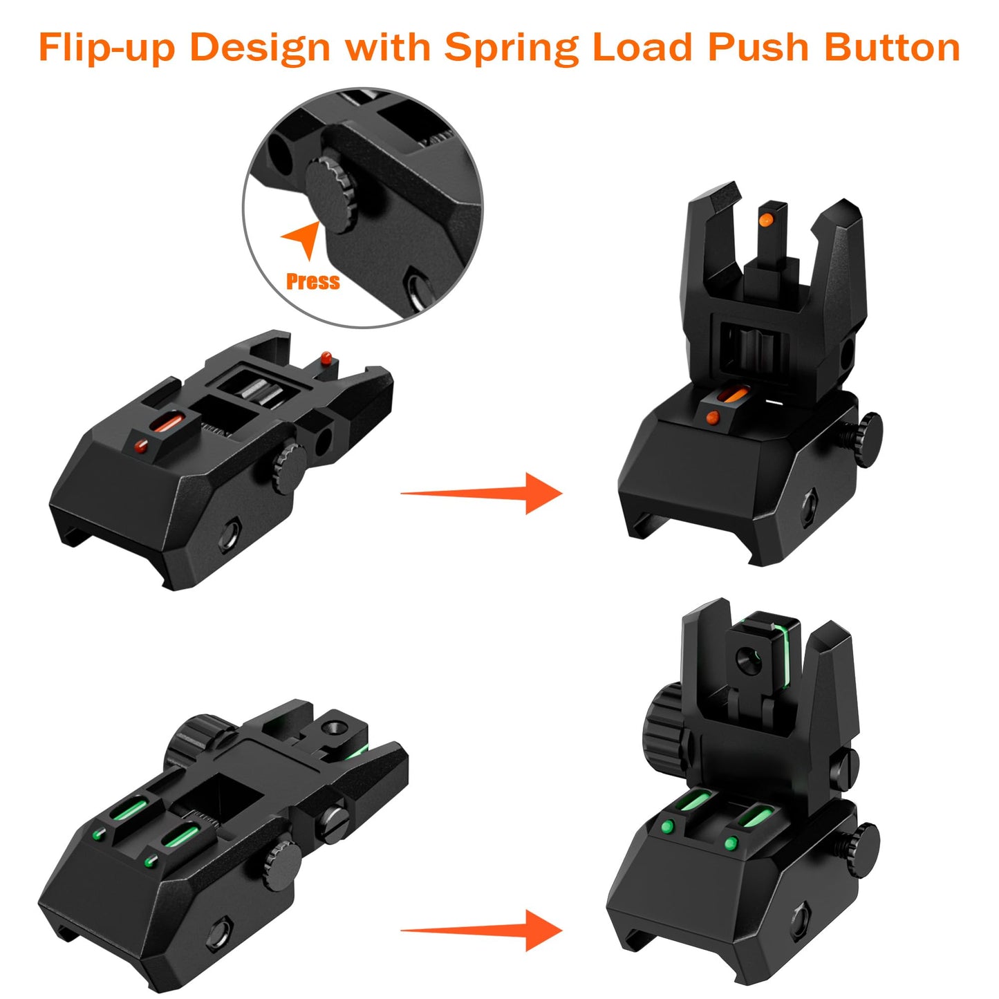 TFFUAM Fiber Optic Sights Flip Up Front and Rear Sites Nylon Folding Sights with Red and Green Fiber Optics Dots Tool-Free Adjustable Backup Sight Set