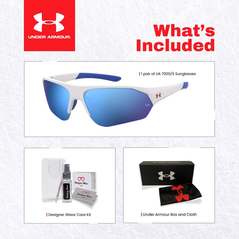 Under Armour Instinct UA7000 69MM Wrap Around Sunglasses for Youth (For girls For boys) +BUNDLE with ACCESSORY EYEWEAR KIT (Matte White/Blue Wrap, 59)
