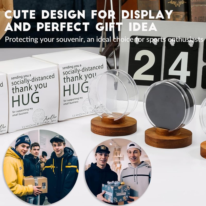 Hockey Puck Display Case - Acrylic Clear Holder with Wood Base | Perfect for Autographs & Collectibles, Brown, 2 Pack