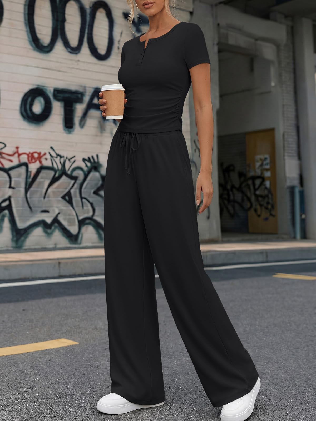 Trendy Queen Womens 2 Piece Sets Lounge Matching Set Cruise Casual Vacation Outfits Summer Airport Workout Gym Clothes Spring Fashion 2026 Teen Girl Wide Leg Pants Athletic Travel Tops Black M