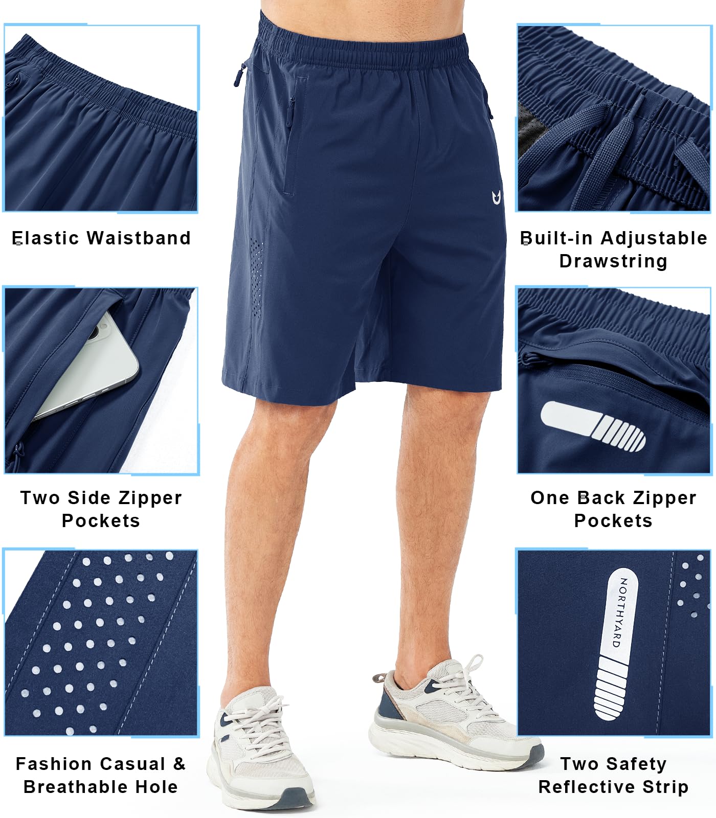 NORTHYARD Men's Athletic Running Shorts Gym Workout 7"/9"/5" Quick Dry Lightweight Sports Basketball Tennis 3 Zipper Pockets DARKBLUE-9inch XL