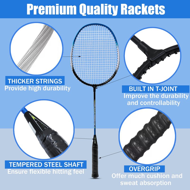 Magicorange Badminton Rackets Set of 4 for Outdoor Backyard Games, Including 4 Racquets,4 Shuttlecocks, 4 Replacement Grip Tapes & 1 Carry Bag (Blue+Red)