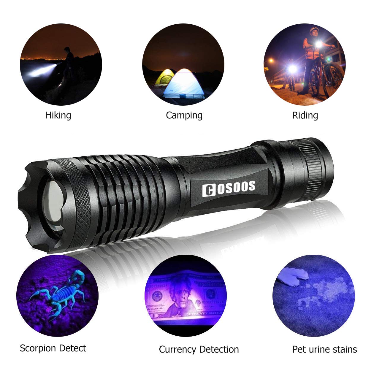 COSOOS 2 Pack UV Flashlight Blacklight, 2 in 1 LED Tactical Flashlight & 395nm Black Light Pet Urine Detector for Dog/Cat Urine, Dry Stains, Bed Bugs, Scorpions