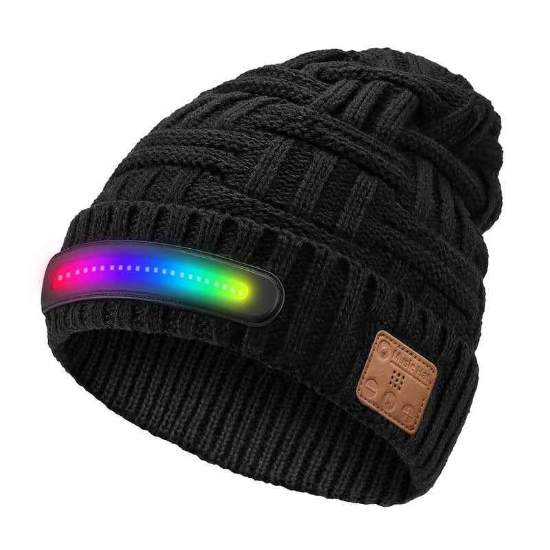 Colorful Light Beanie Hat with Bluetooth, Unisex Wireless Beanie Cap Headlamp Music hat, Windproof Warm Knit hat for Winter, Multi Light Modes