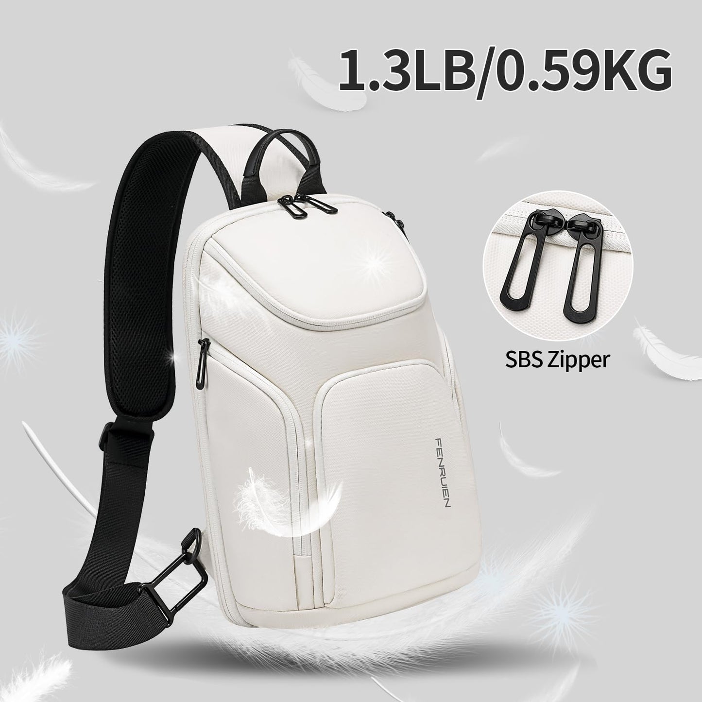 FENRUIEN Sling Bag for Women Men, Crossbody Sling Backpack with USB Charging Port, Daily Travel Hiking Sport Daypack Cross body Shoulder Chest Bag. (White)