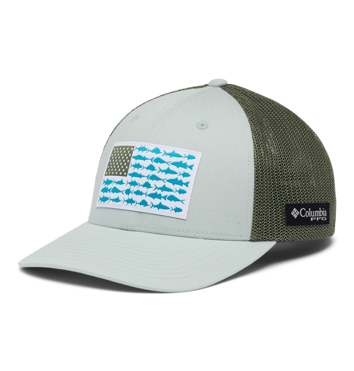 Columbia Unisex PFG Fish Flag Mesh Ball Cap - Low, Cool Green/Mosstone/US Fish Flag, Large/X-Large