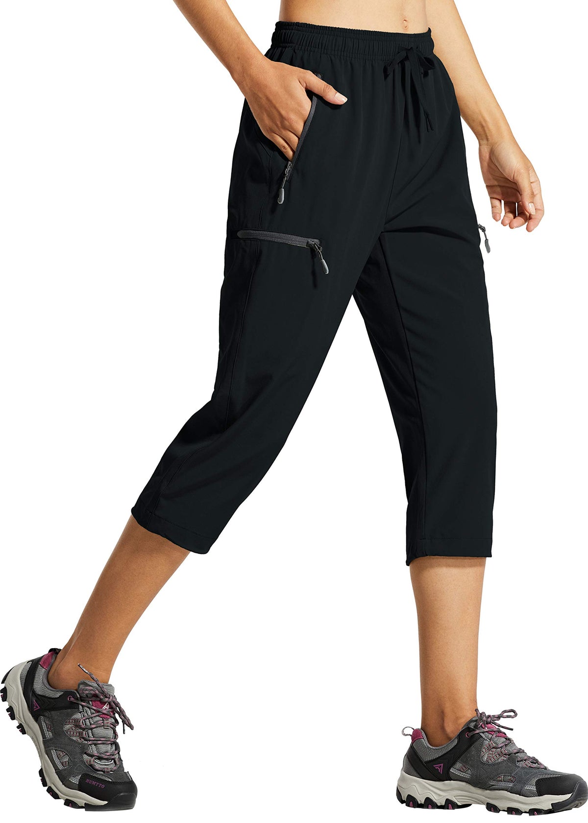 Libin Women's Capri Pants Lightweight Quick Dry Cargo Hiking Capris Travel Casual Cropped Pants Zipper Pockets, Black L