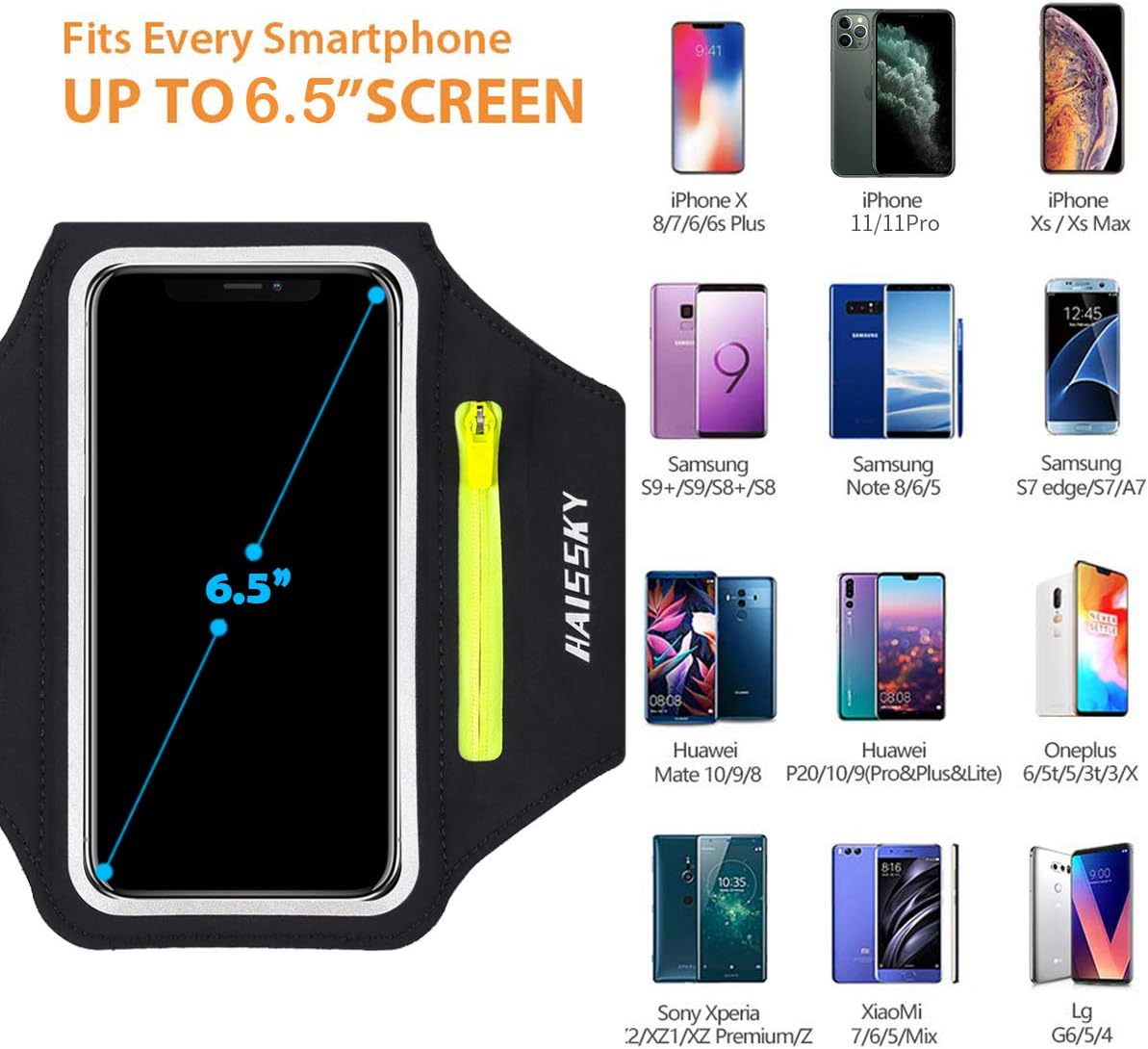 Running Armband for iPhone & Galaxy | Water Resistant Sports Phone Holder with Earphone Bag & Zipper Slot for 6.7" Phones