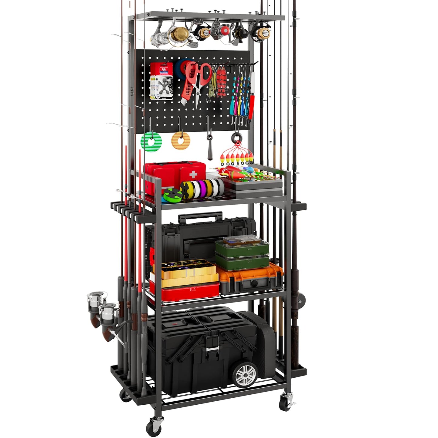 SEEAHEAD Fishing Rod Holders for Garage, 12-Rod Rolling Tackle Cart, Black