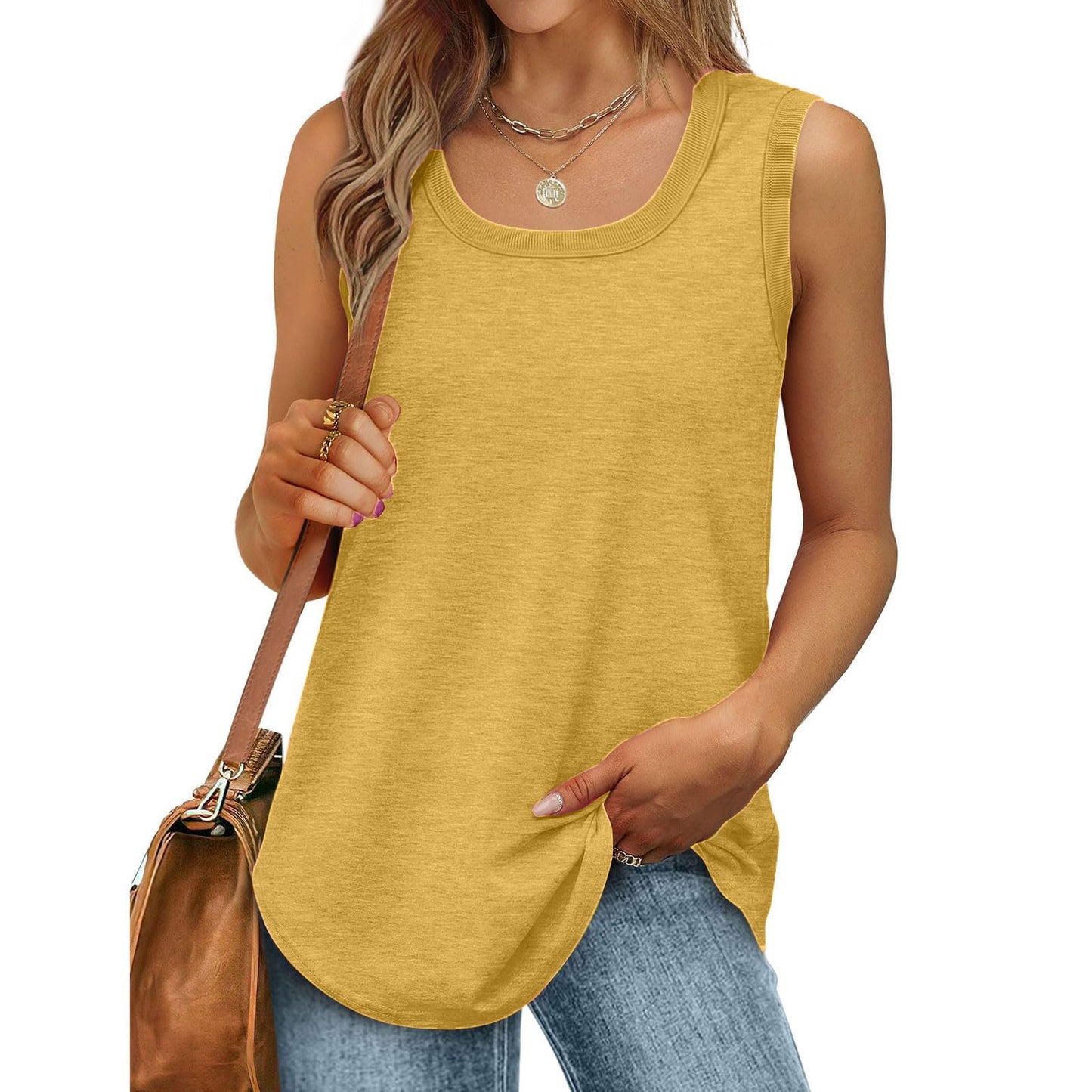 Generic Tunic Shirts for Women Scoop Neck Flowy Tank Tops Dressy Casual Summer Sleeveless Tanks Hem 2024 Trendy Tops Yellow, X-Large