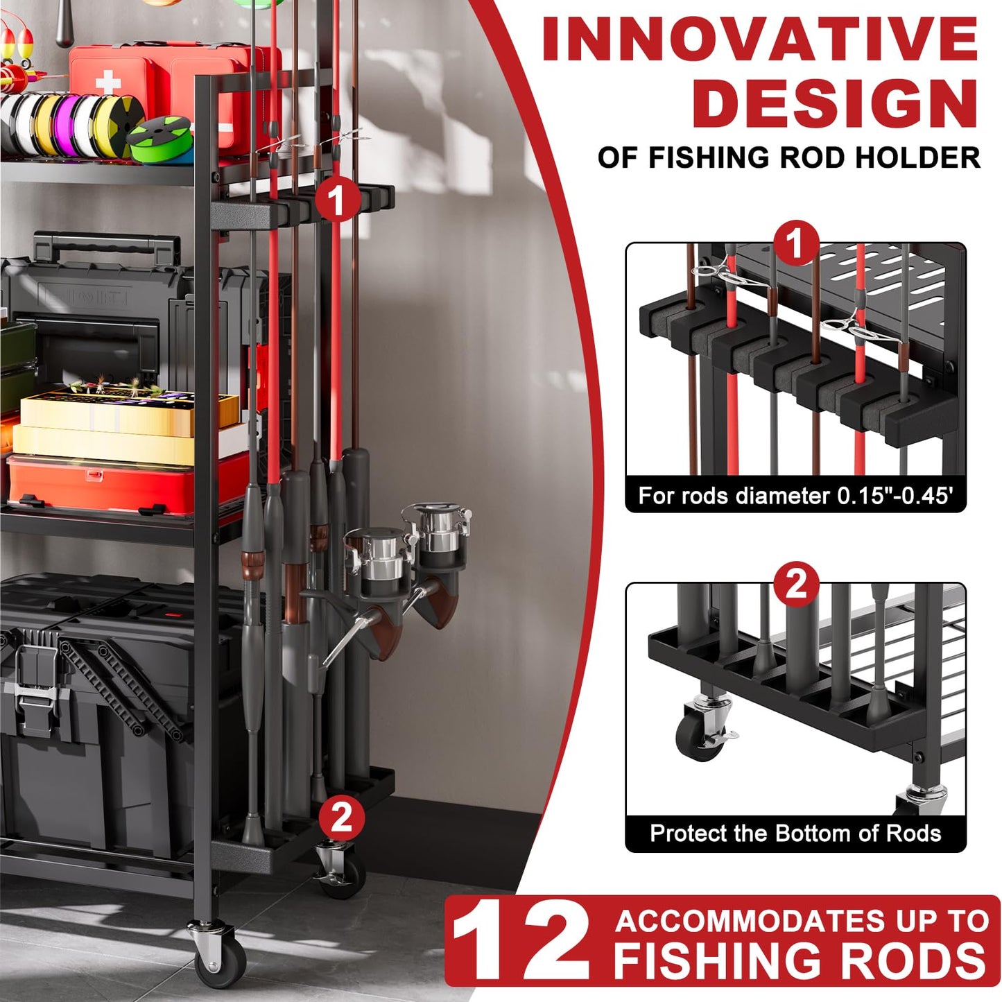 SEEAHEAD Fishing Rod Holders for Garage, 12-Rod Rolling Tackle Cart, Black