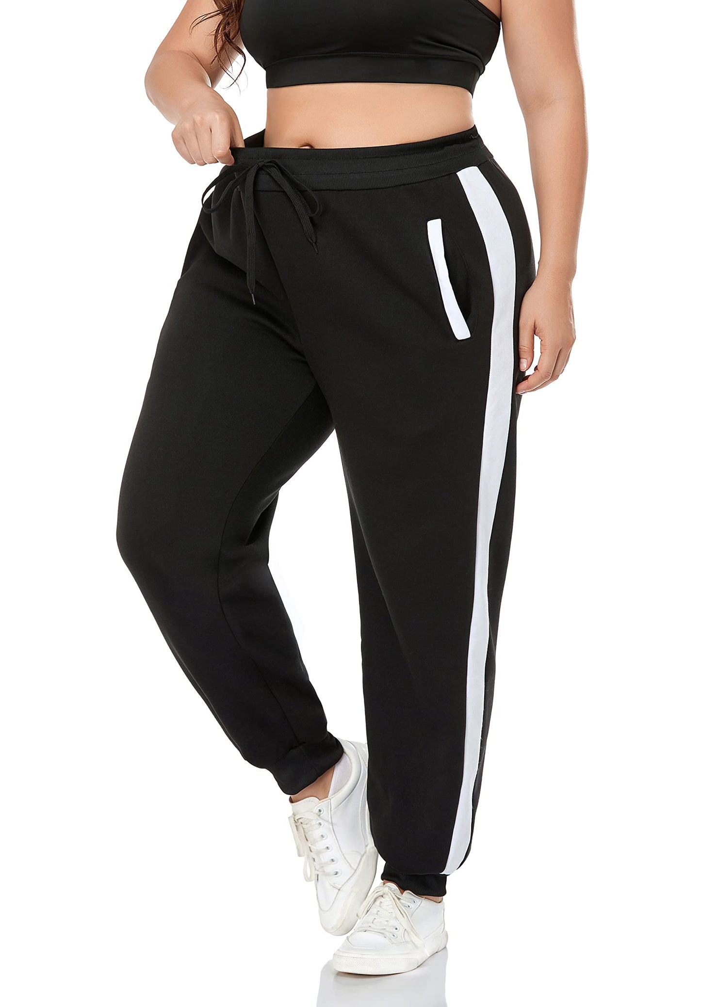 ZERDOCEAN Women's Plus Size Fleece Lined Sweatpants Winter Warm Fleece Joggers Pants Black-White Stripe 4X