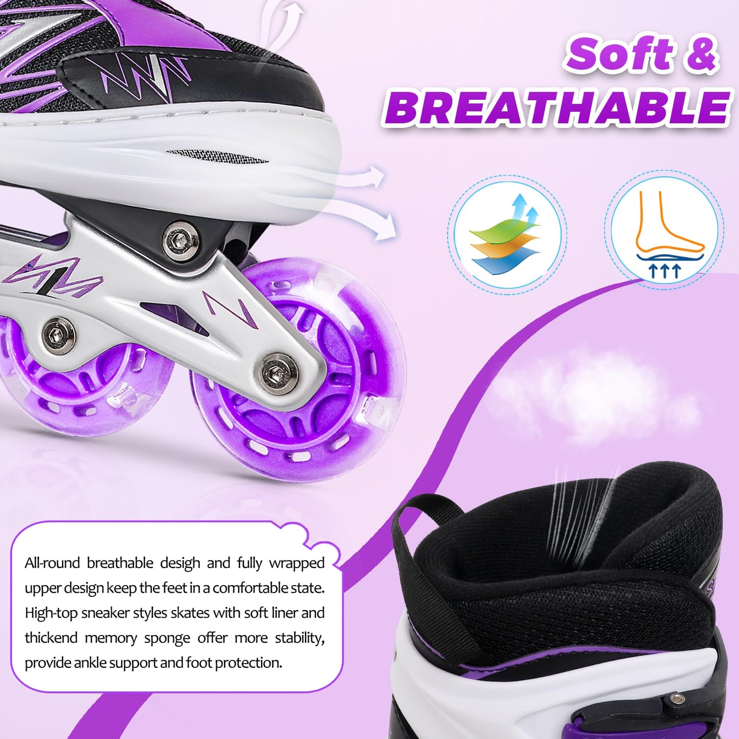 LEJIJIT Adjustable Kids Inline Skates for Girls Boys Children Beginners, Black & Purple Inline Skates with Light Up Wheels for Kids and Youth for Indoor Outdoor Sports (Medium)