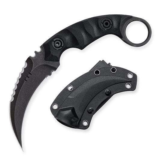 OOULORE Fixed Blade Knife, D2 Steel Blade G10 Handle, Tactical EDC Knife Double edged sharp Claw Knife, Utility Knife for Outdoor Survival Hiking Camping with Kydex Sheath OK1212 (Black/Black)