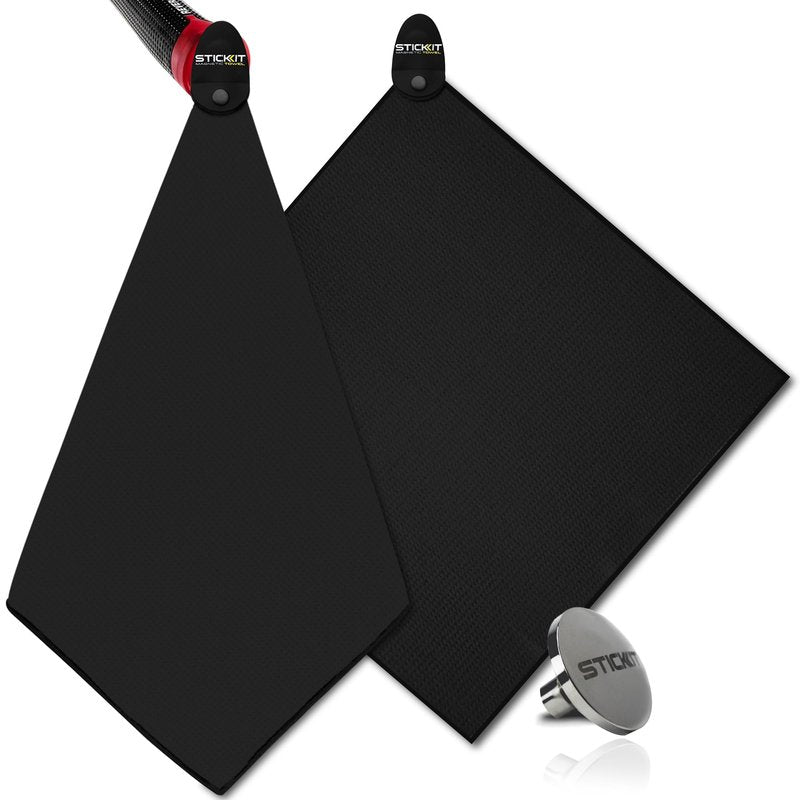 STICKIT Mini Magnetic Golf Towel - Ultra-Absorbent with Waffle Weave Microfiber & Removable Magnet - Small Golf Towel for Bags, Clubs & Carts - Removes Dirt, Grass, & Debris 12” x 12” (Black)