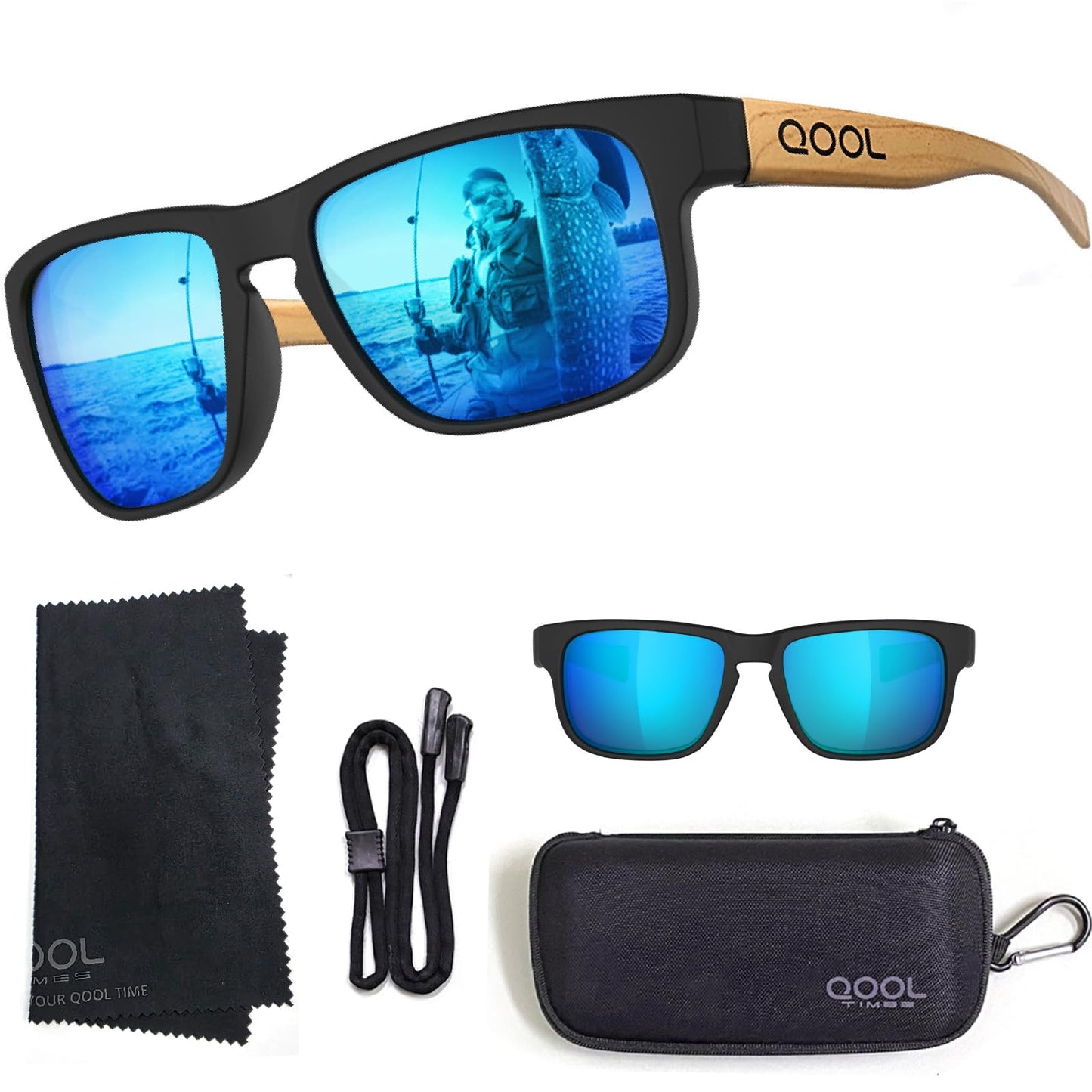 QOOL TIMES F11 Casual sport Wooden Bamboo Blue Sunglasses Temples for Men Women, Running Driving Golfing Cycling Hiking Fishing baseballand Outdoors