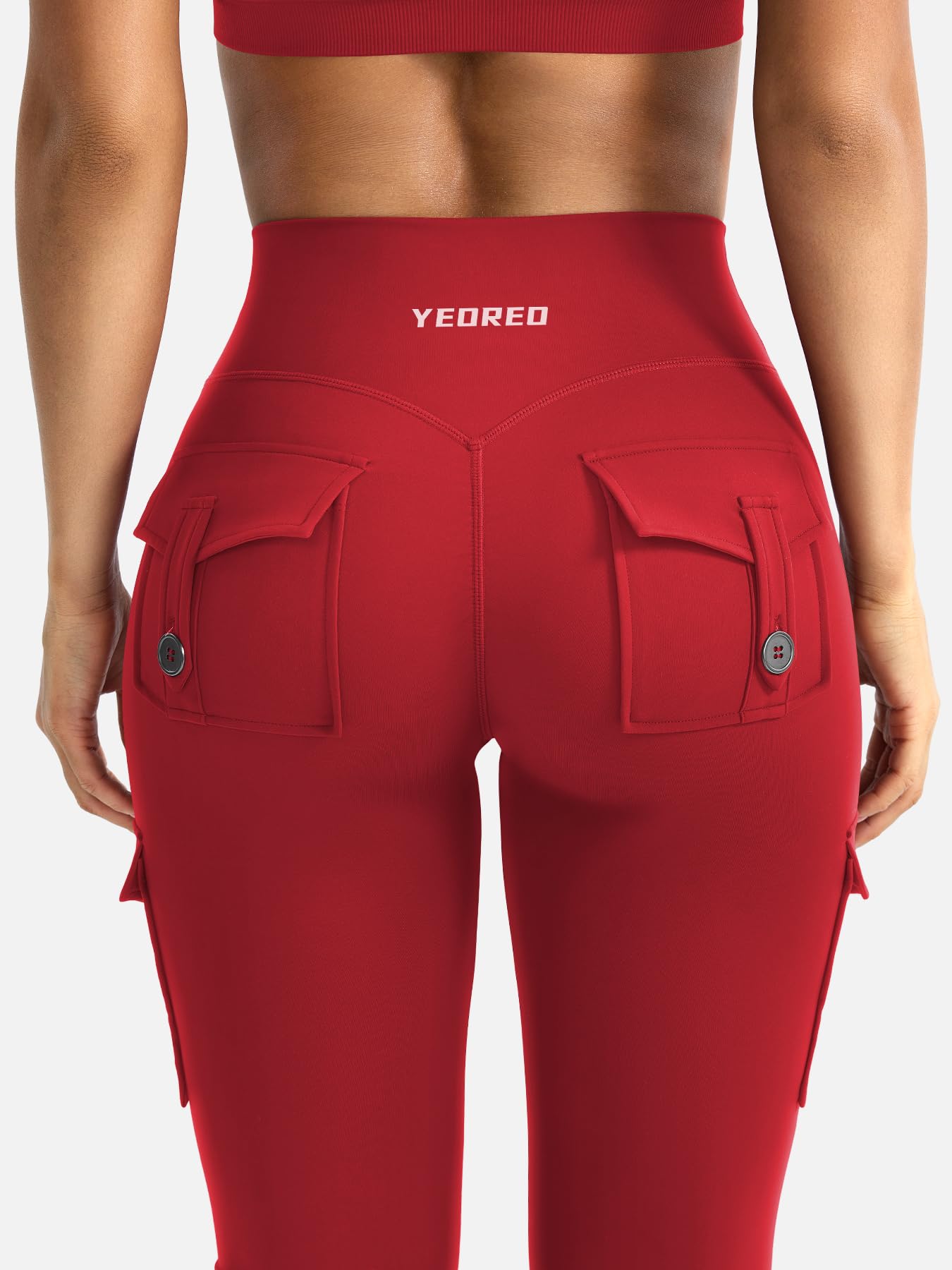 YEOREO CoreFlex Women Workout Flare Leggings with Pockets Hidden Scrunch Cargo Gym Yoga No Front Seam Leggings Red S