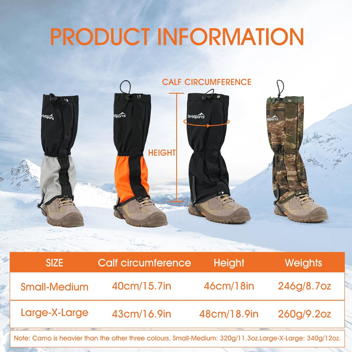 Waterproof Leg Gaiters for Men and Women Adjustable Snow Boot Gaiters for Hiking in Hunting Sand and Mud Mountain Climbing or Snowshoeing (Camo M)