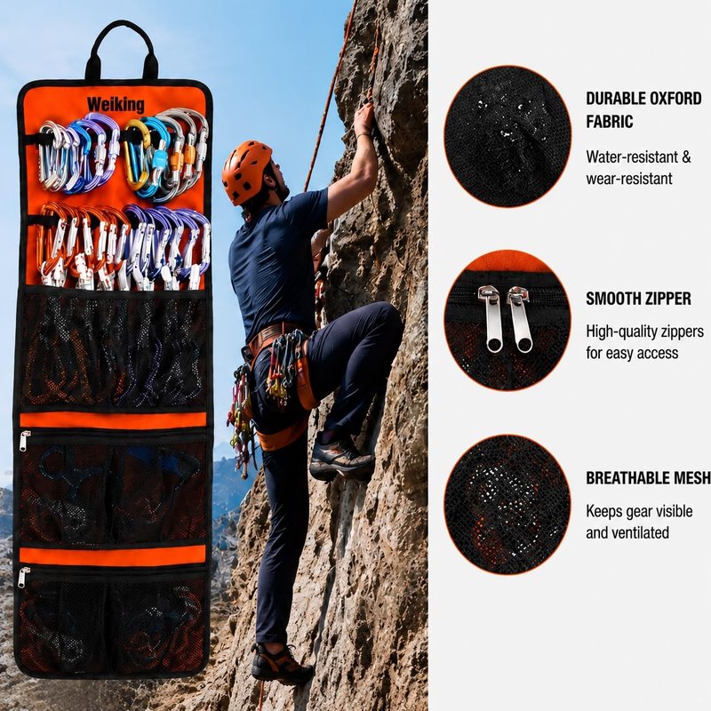Climbing Quickdraw Hanging Storage Bag, Carabiner Hook Gear Equipment Parts Collections, Durable Foldable Bundled Roll Anti-scratch Bag, Small Tools Organizer Pouch, suit for Rock Climbing Ice Climb
