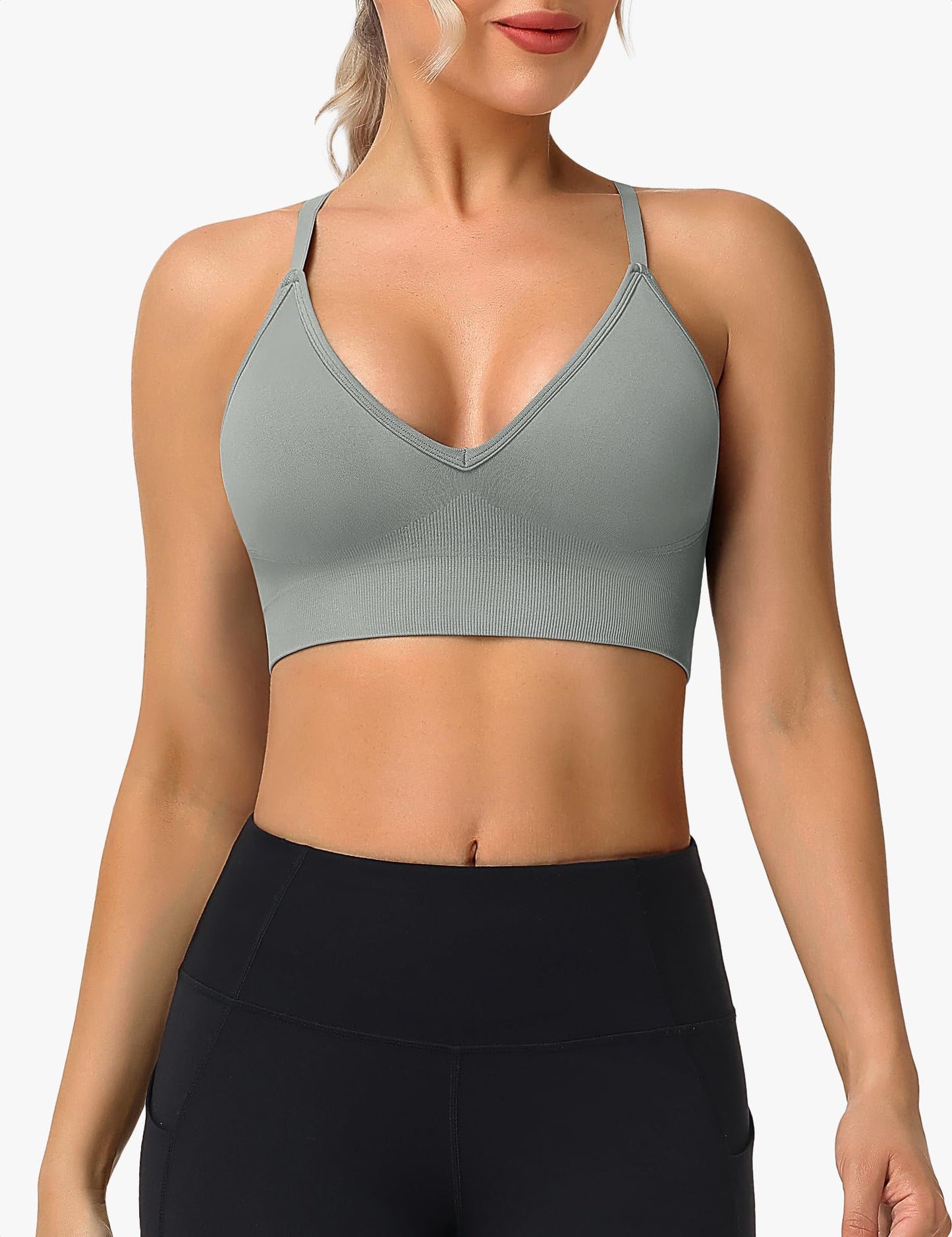 WANAYOU Sports Bras for Women, Deep V Neck Adjustable Spaghetti Strap Cross Back Sport Bra with Padding Low Support Wirefree Seamless Sexy Triangle Bralettes for Women 3 Pack Black Grey Blue Large