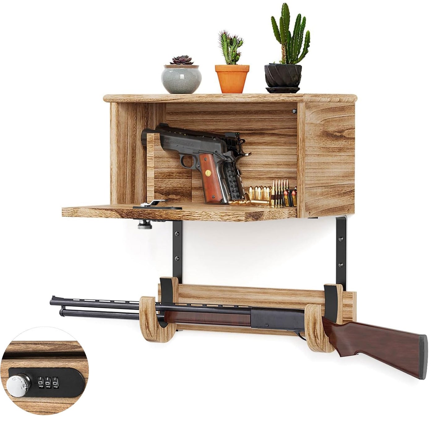 Wooden Wall Mount Gun Rack with Lock, 2-in-1 Horizontal Display for Rifle, Shotgun and Dual Pistols, Secure Firearms Storage Hanger
