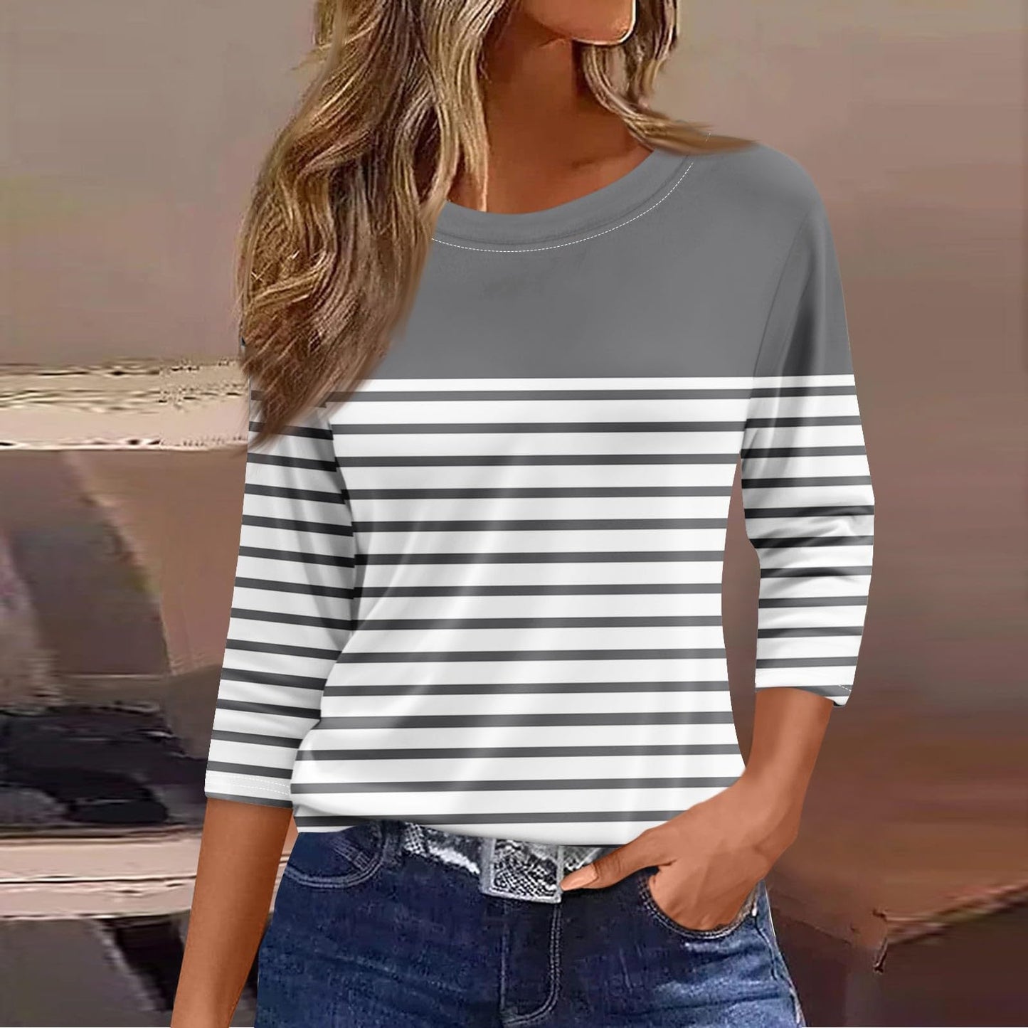 Generic Women Tops 3/4 Length Sleeve Crewneck Summer Trendy Print Blouse Casual Cosy Fit Three Quarter Sleeve Cute Basic T-Shirts, Large, 05-gray