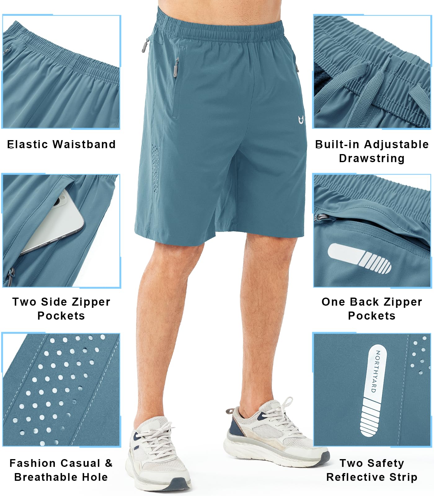 NORTHYARD Men's Athletic Running Shorts Gym Workout 7"/9"/5" Quick Dry Lightweight Sports Basketball Tennis 3 Zipper Pockets GREYBLUE-9inch S