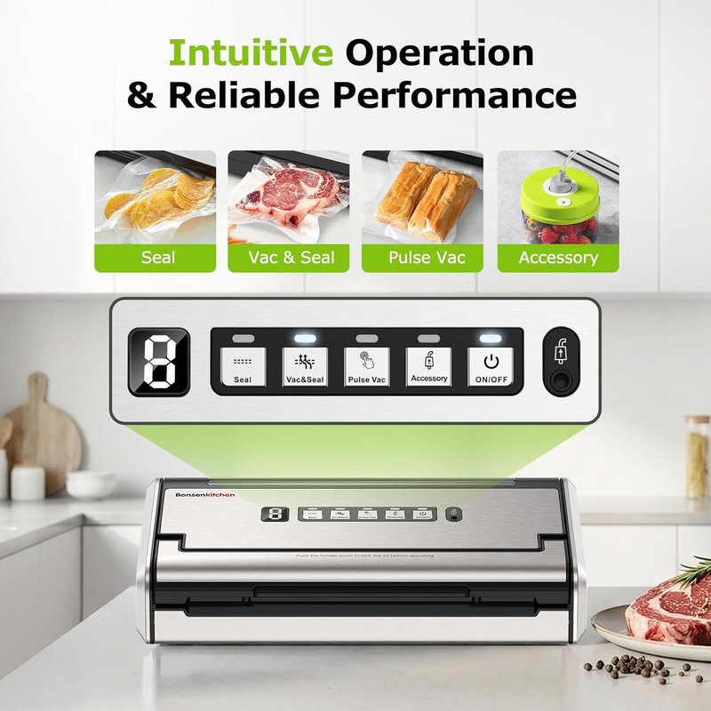 Bonsenkitchen Vacuum Sealer - One-Hand Operation Food Sealing Machine with Digital Timer & Built-In Cutter | Includes 1 Roll Bag & 10 Pre-Cut Bags