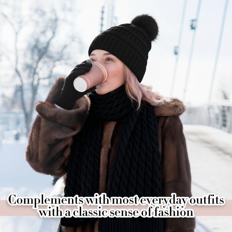 Suhine 8 Pcs Winter Hat Scarf Gloves Earmuff Set Knit Beanie Pompom Hat Warm Touch Screen Gloves for Women Men Adult(Black,White,Chic Style)