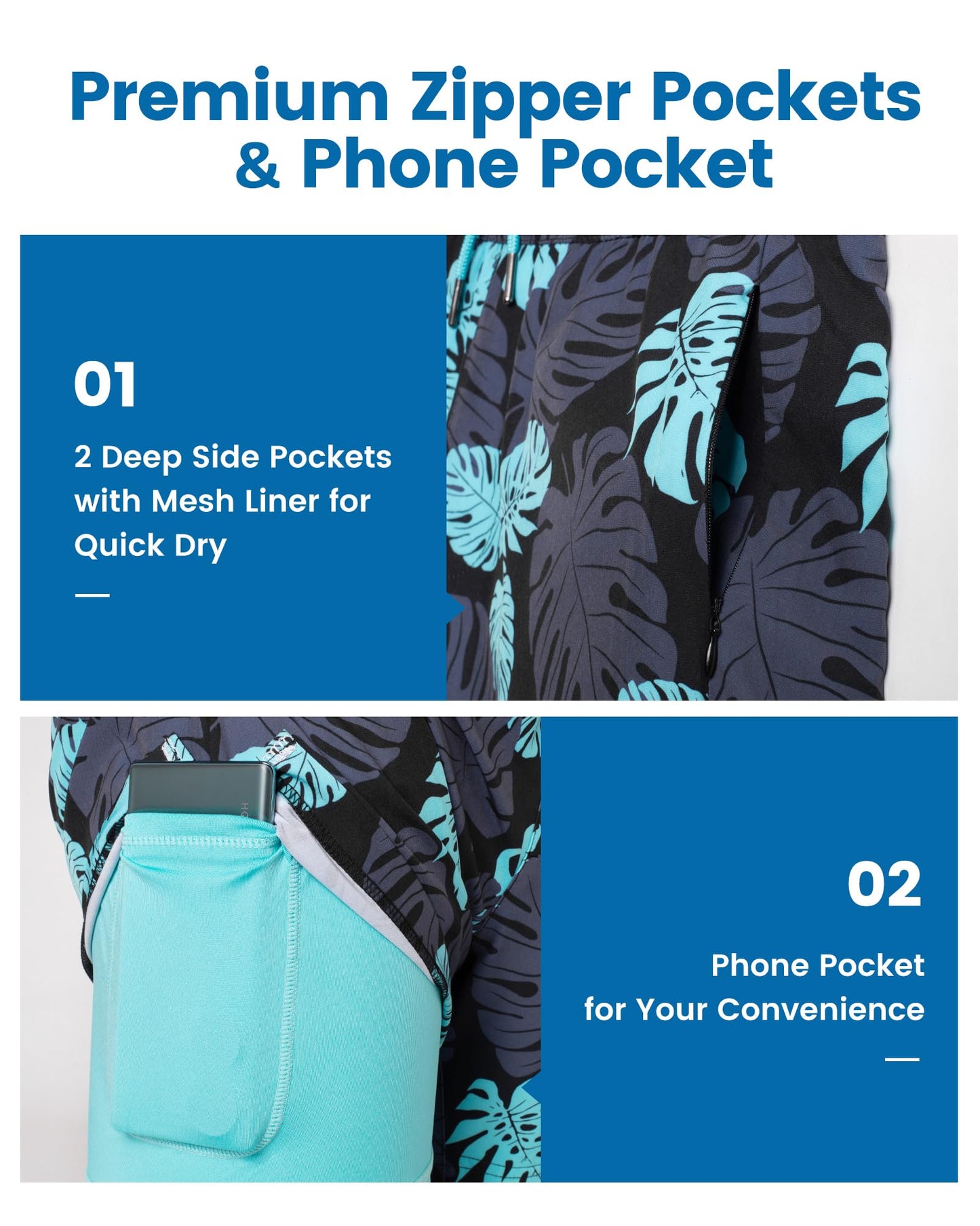 maamgic Mens Swim Trunks with Compression Liner 5 Inch, Quick Dry Bathing Suit with Zipper Pockets, Stretch No-Chafing Swim Shorts, Black-Lake Blue Leaves Large