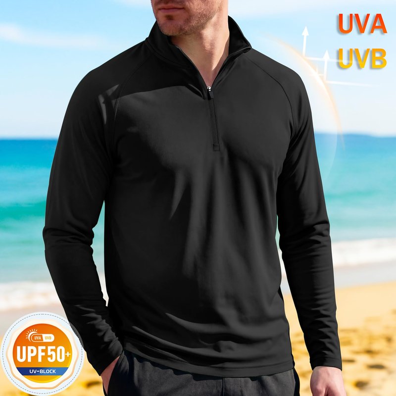 Fishing Shirts for Men Long Sleeve Men's Sun Protective Quarter Zip Shirt Rash Guard Shirts Running Shirts for Men Summer Shirts for Men Black