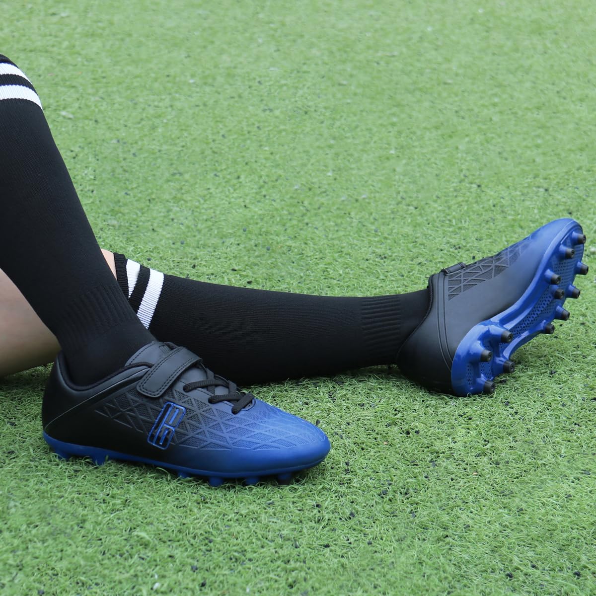 brooman Kids Firm Ground Soccer Cleats Boys Girls Athletic Outdoor Football Shoes (1,Blue Black)
