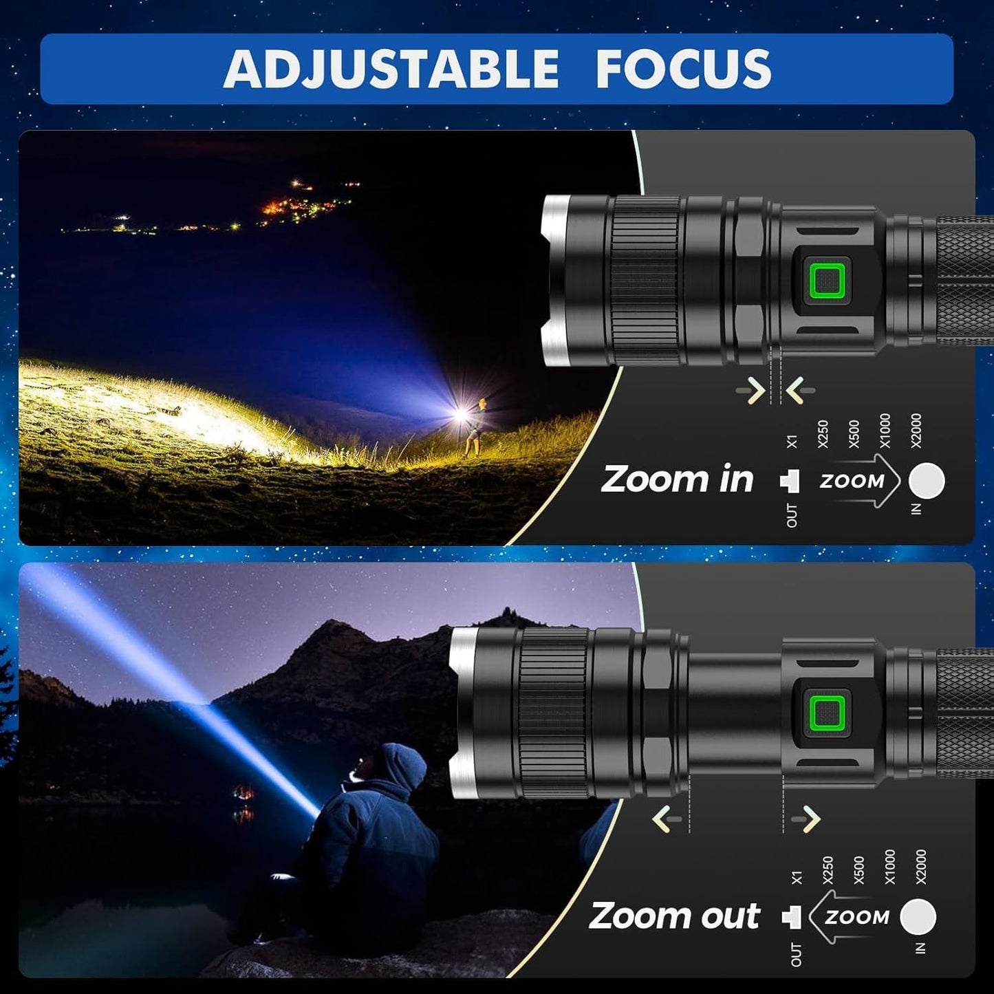 BUCASA Rechargeable Tactical Flashlight 6000 Lumens 2 Pack, Brightest LED Rechargeable Flashlights with 3 Modes & Zoomable, Waterproof Flashlight for Camping Hiking Emergency