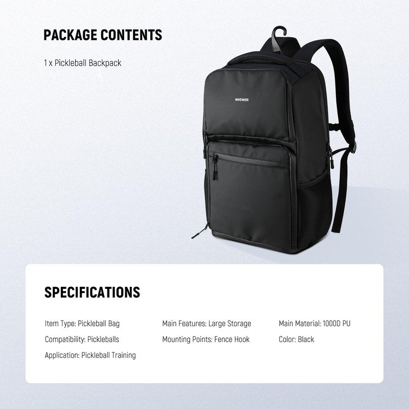 NEEWER Pickleball Bag for Men/Women, Holds 4-10 Paddles/6 Pickle Balls/Size 16 Shoes, Water Resistant Accessories Backpack with Shoe Compartment, Fence Hook, Side Pockets, Rubber Feet, PB01B