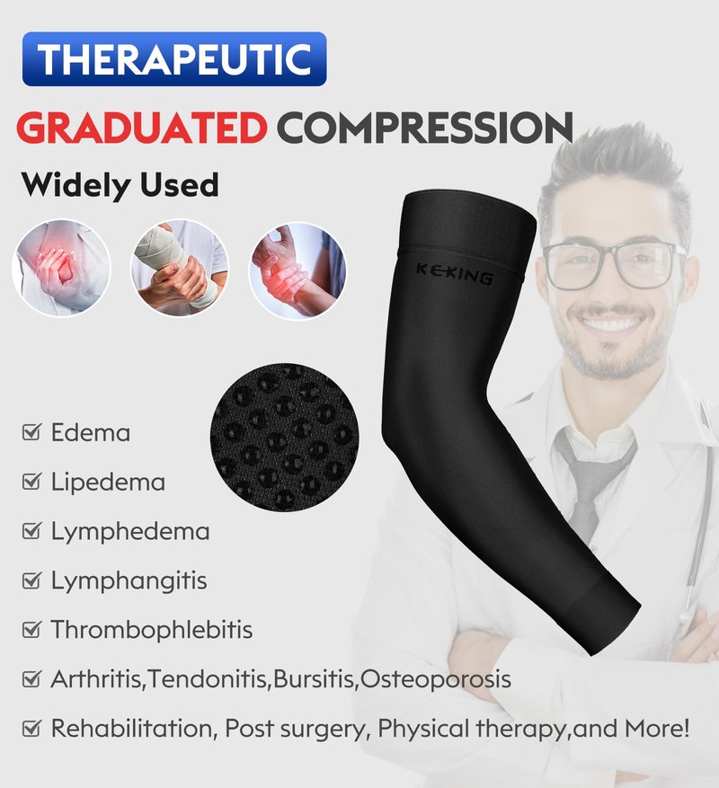 KEKING® Lymphedema Compression Arm Sleeves with Silicone Band for Men Women (Pair), 15-20 mmHg Compression Full Arm Support for Lipedema, Edema, Post Surgery Recovery, Swelling, Pain Relief, Black L