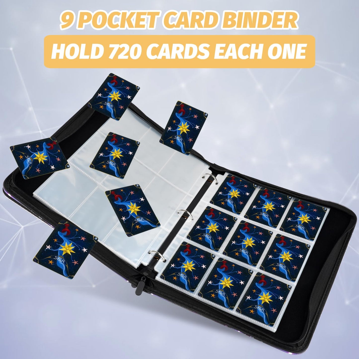 720 Pockets Round Ring Trading Card Binder, 9-Pocket Clear Zipper Card Album with Wrist Strap, Holds 720 Standard TCG Cards Compatible with Sports Baseball Football Game Cards (Purple Print)