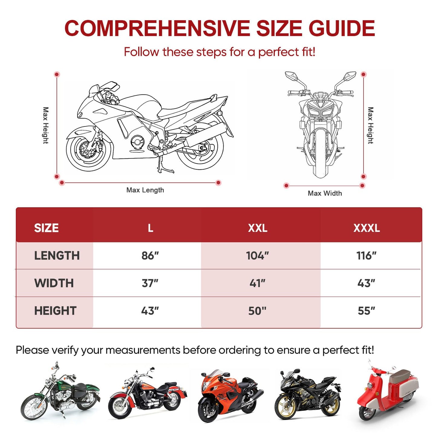 NEVERLAND Motorcycle Cover Waterproof Outdoor - All Season Scooter Covers Heavy Duty with 2 Lock-Holes, Bandage & Storage Bag Fits Most Motorcycles, Scooters, Dirt Bikes, Sportbikes (Up to 86”)