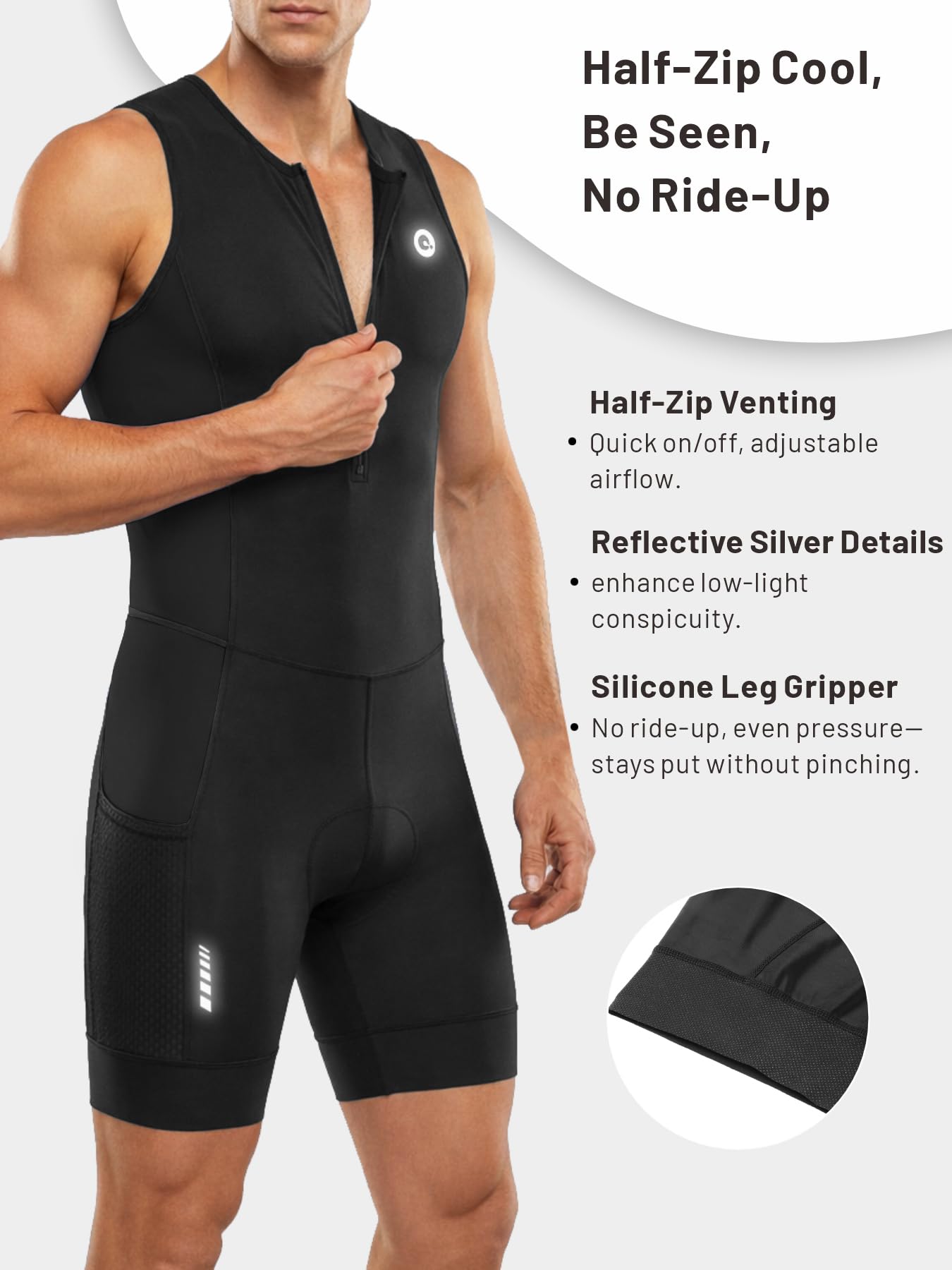 Men's Triathlon Suit Sleeveless One-Piece Trisuit for Swim Bike Run, Aero Fit, Race & Training Suit, 2 Mesh Pockets Black