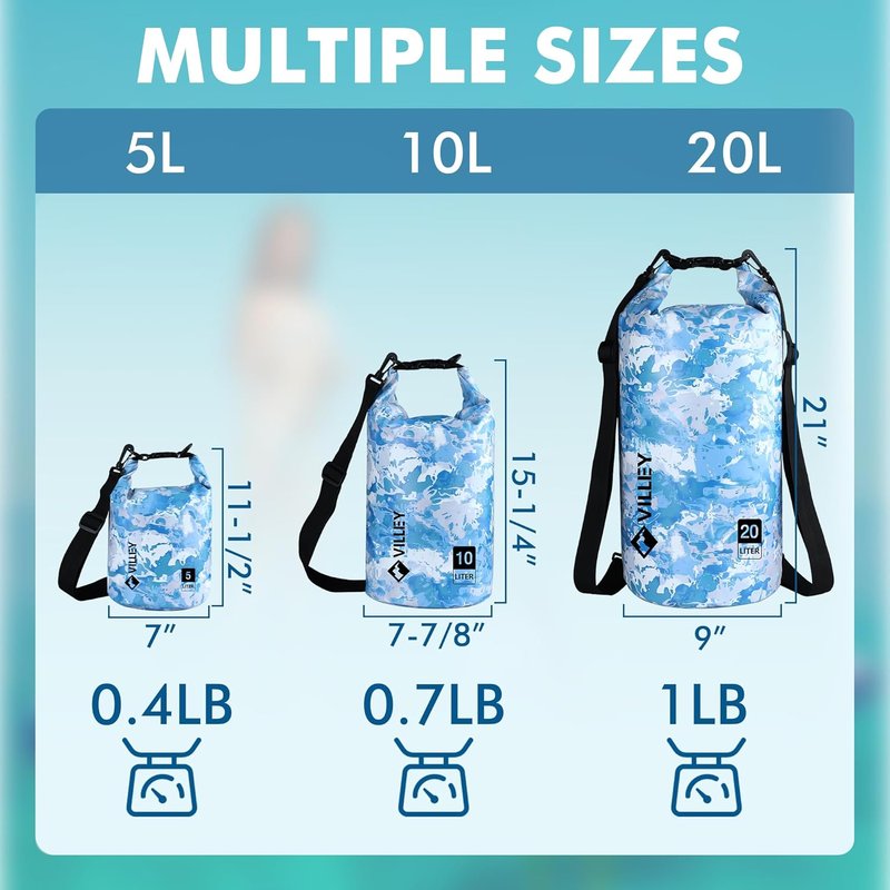 VILLEY Waterproof Dry Bag - 20L Roll Top Backpack for Kayaking, Camping & Beach | Blue Camo