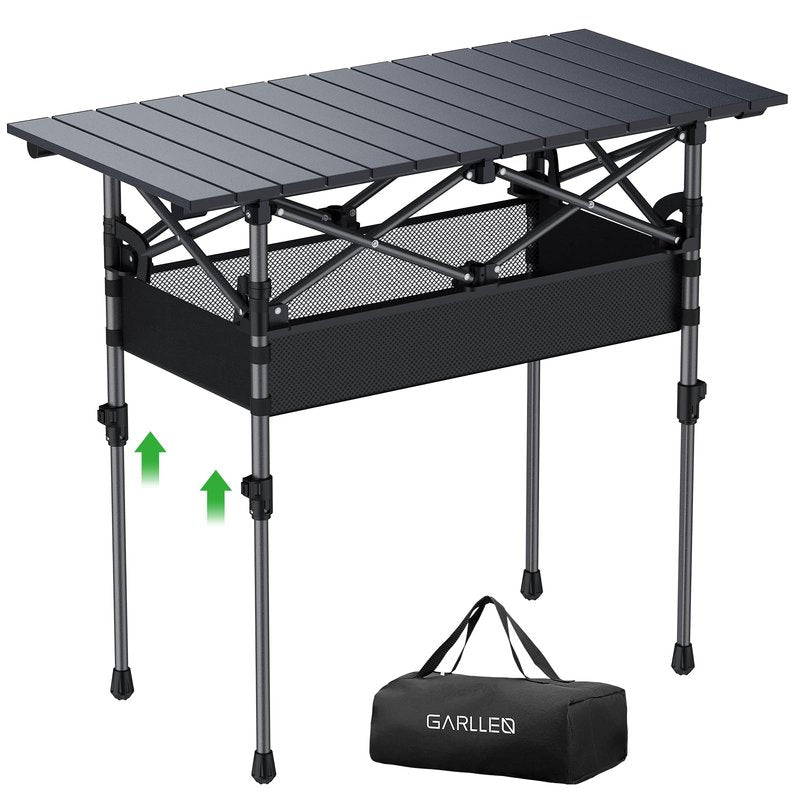 GARLLEN Folding Camping Table, 2-Height Adjustable Portable Roll-up Camping Table with Storage Net, Lightweight Aluminum Picnic Table with Carrying Bag for Cooking, BBQ, Outdoor, 32.2" L x 15.7" W