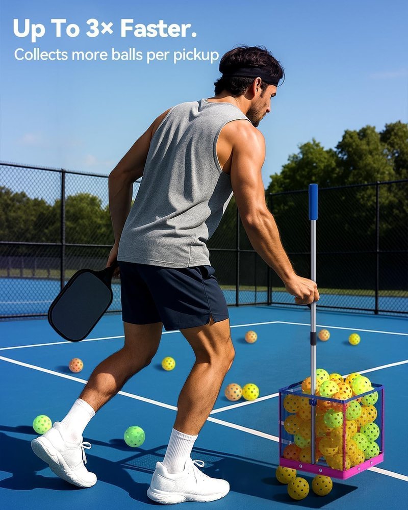 CODIAO Pickleball Picker Upper 40+ Ball Capacity Hopper Holder, Foldable Basket with Telescopic Stainless Steel Handle, Quick Pickup No Bending Ball Retriever Collector, Portable for Court Training