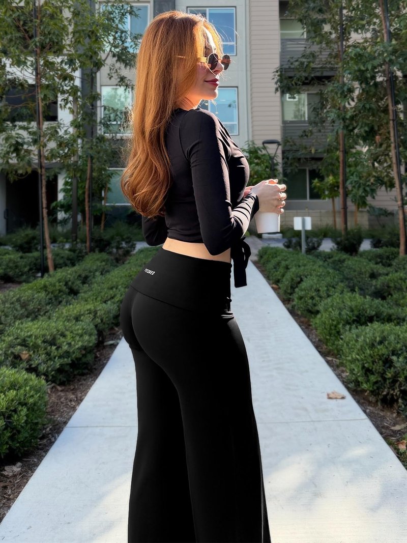 YEOREO SoftHue Straight Leg Leggings Women Fold Over Wide Leg Pants 31.5" Eddiy Casual Gym Workout Sweatpants Black L