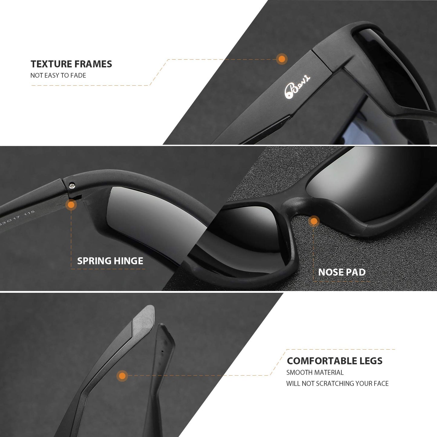 Bevi Sports Sunglasses Polarized Lens/TR 90 Frame with Spring Hinges Glasses For Men Women Cycling Running Baseball 2677C9