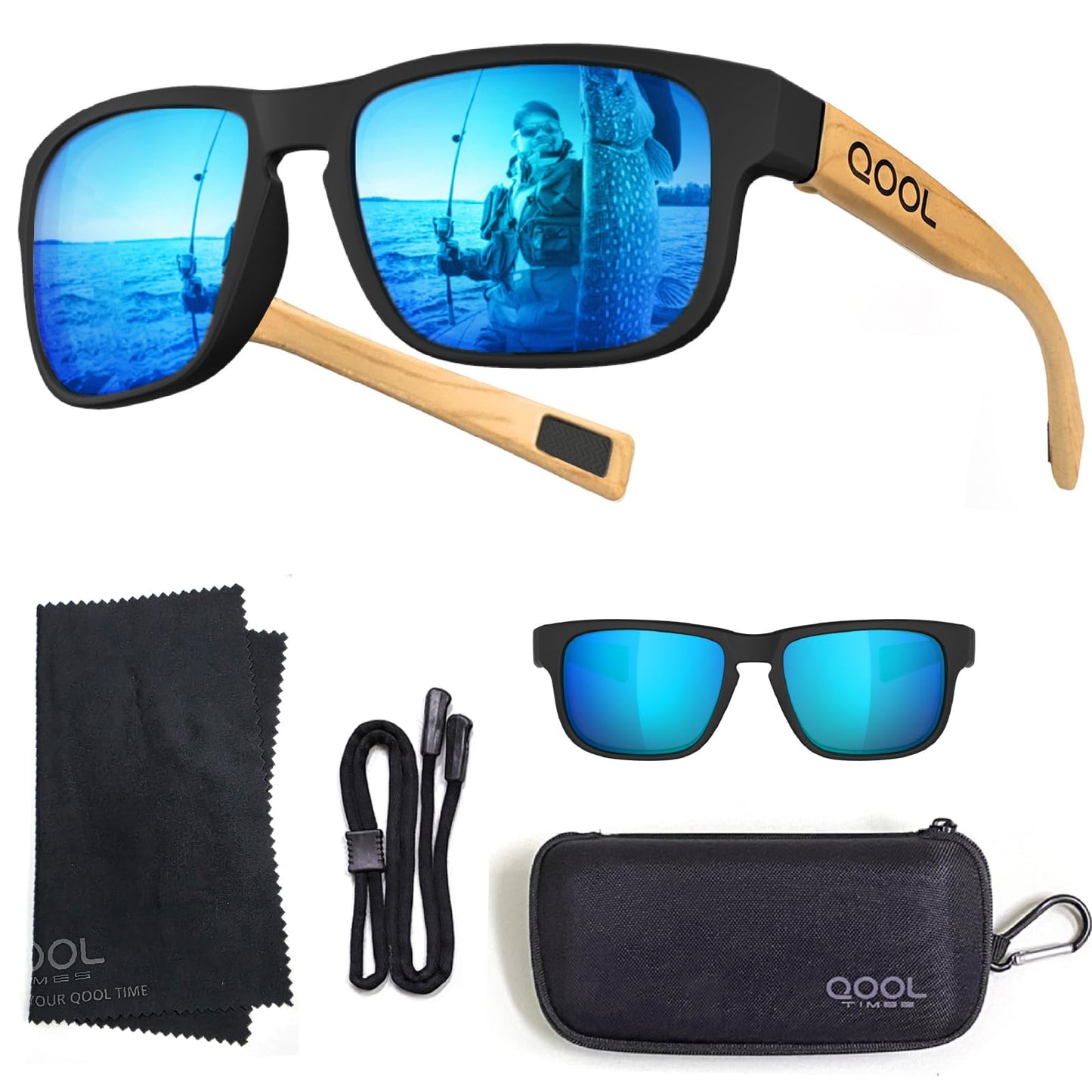 QOOL TIMES F11 Casual sport Wooden Bamboo Blue Sunglasses Temples for Men Women, Running Driving Golfing Cycling Hiking Fishing baseballand Outdoors