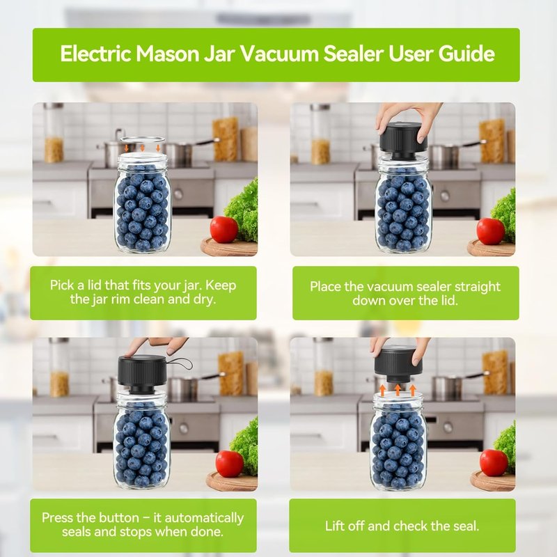 Electric Mason Jar Vacuum Sealer - Upgraded Handheld Auto-Vacuum Seal Kit | Fits Wide & Regular Mouth Jars, Containers & Bags