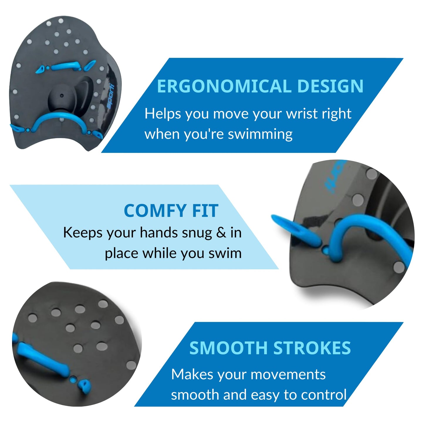 Sporti Power Swim Paddles - Swimming Training Hand Paddles - Adjustable Straps - Lap Swimming Gear (Medium, Black)