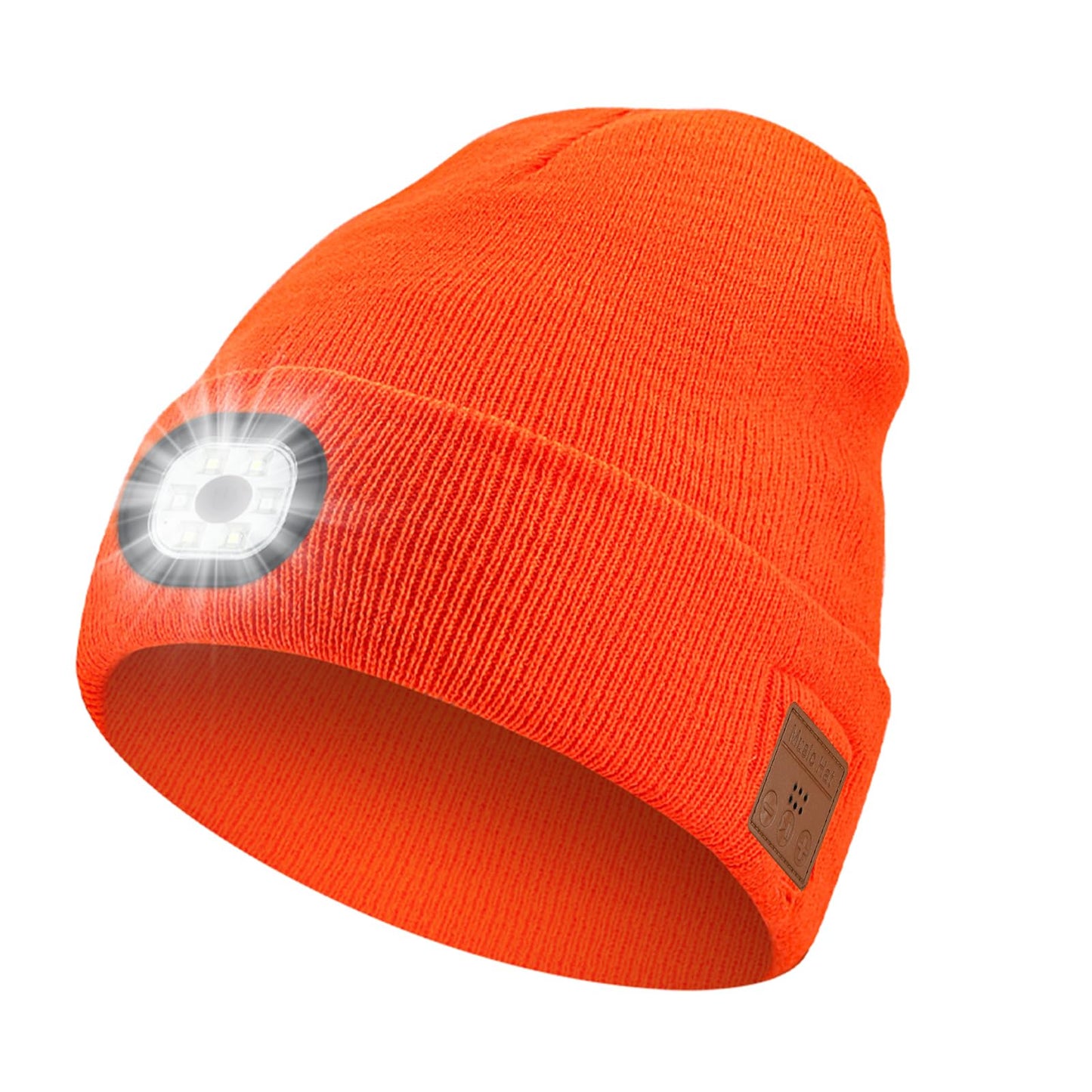 Yontune Bluetooth Hat with Light, Unisex USB Rechargeable 6 LED Headlamp Beanie Cap with Headphones Winter Lighted Beanie for Outdoor Sports Orange