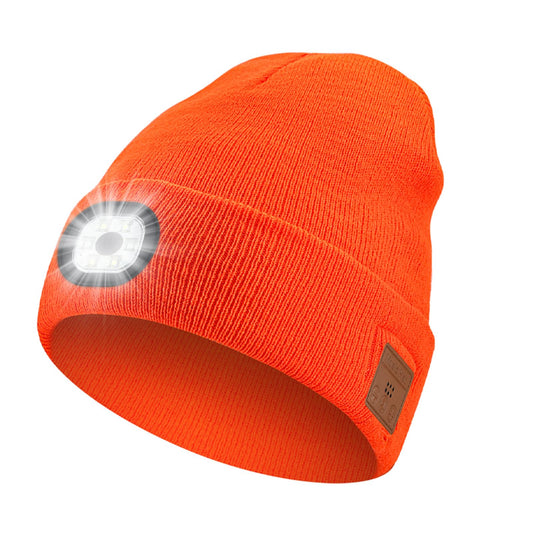 Yontune Bluetooth Hat with Light, Unisex USB Rechargeable 6 LED Headlamp Beanie Cap with Headphones Winter Lighted Beanie for Outdoor Sports Orange